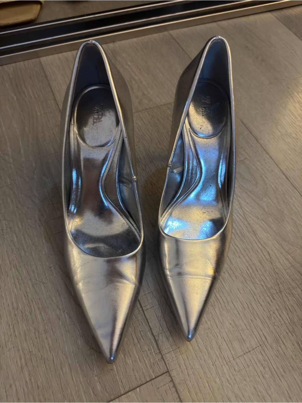 Zara Metallic Silver Pointed-Toe Heels